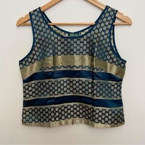 2/40$ Boon Thai Silk top large blue gold tank top boxy debardeur sleeveless